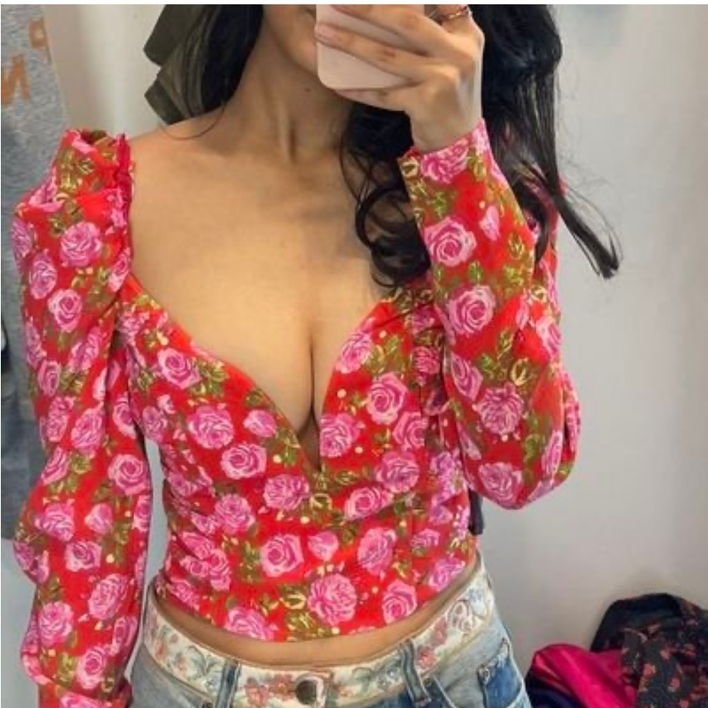Zara Corset Floral Rose Long Puff Sleeve Crop Top NWT